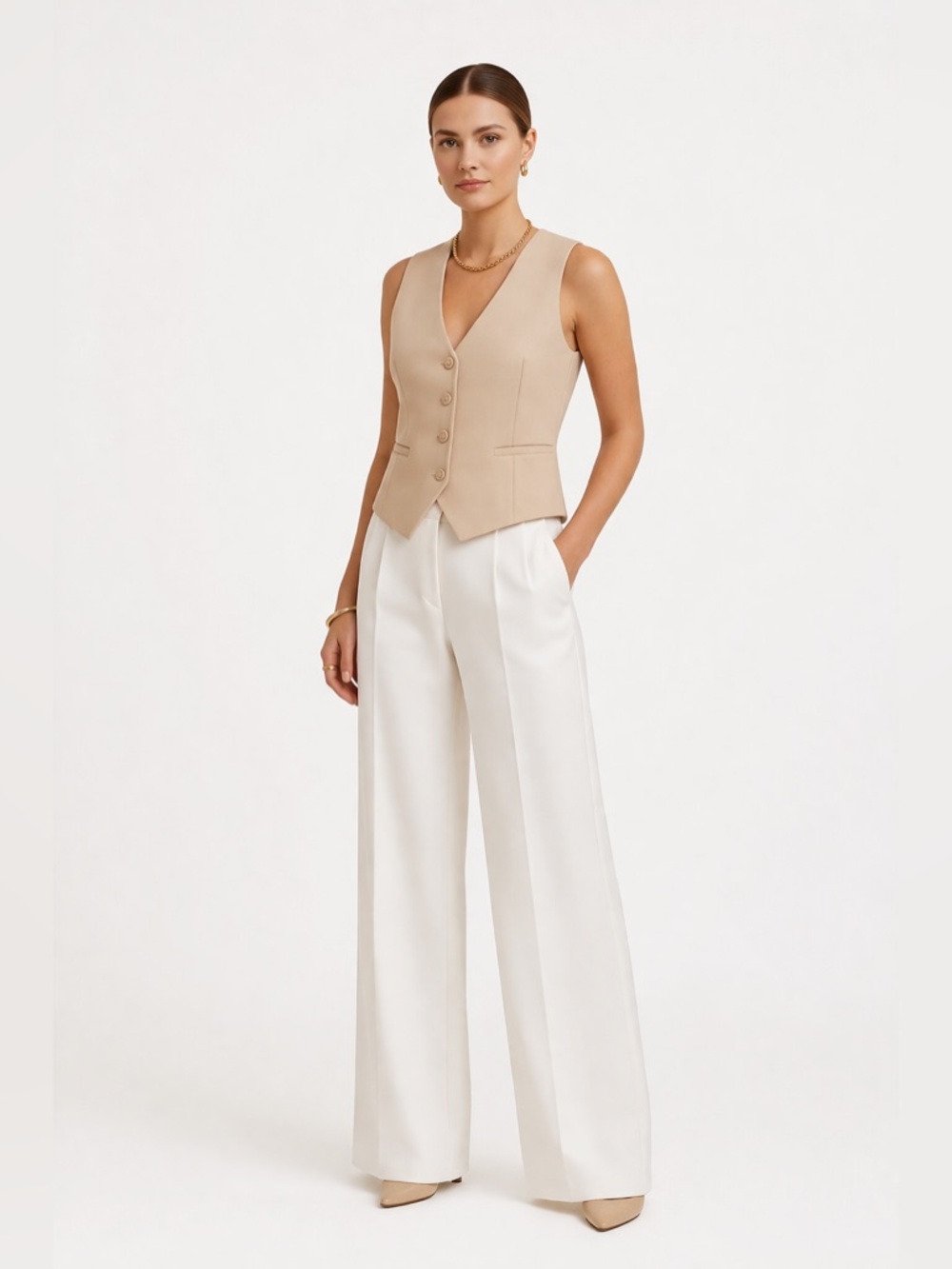 Bardot Callie Beige Tailored Vest‎ Waistcoat L US 8 NWT Quiet Luxury Suiting